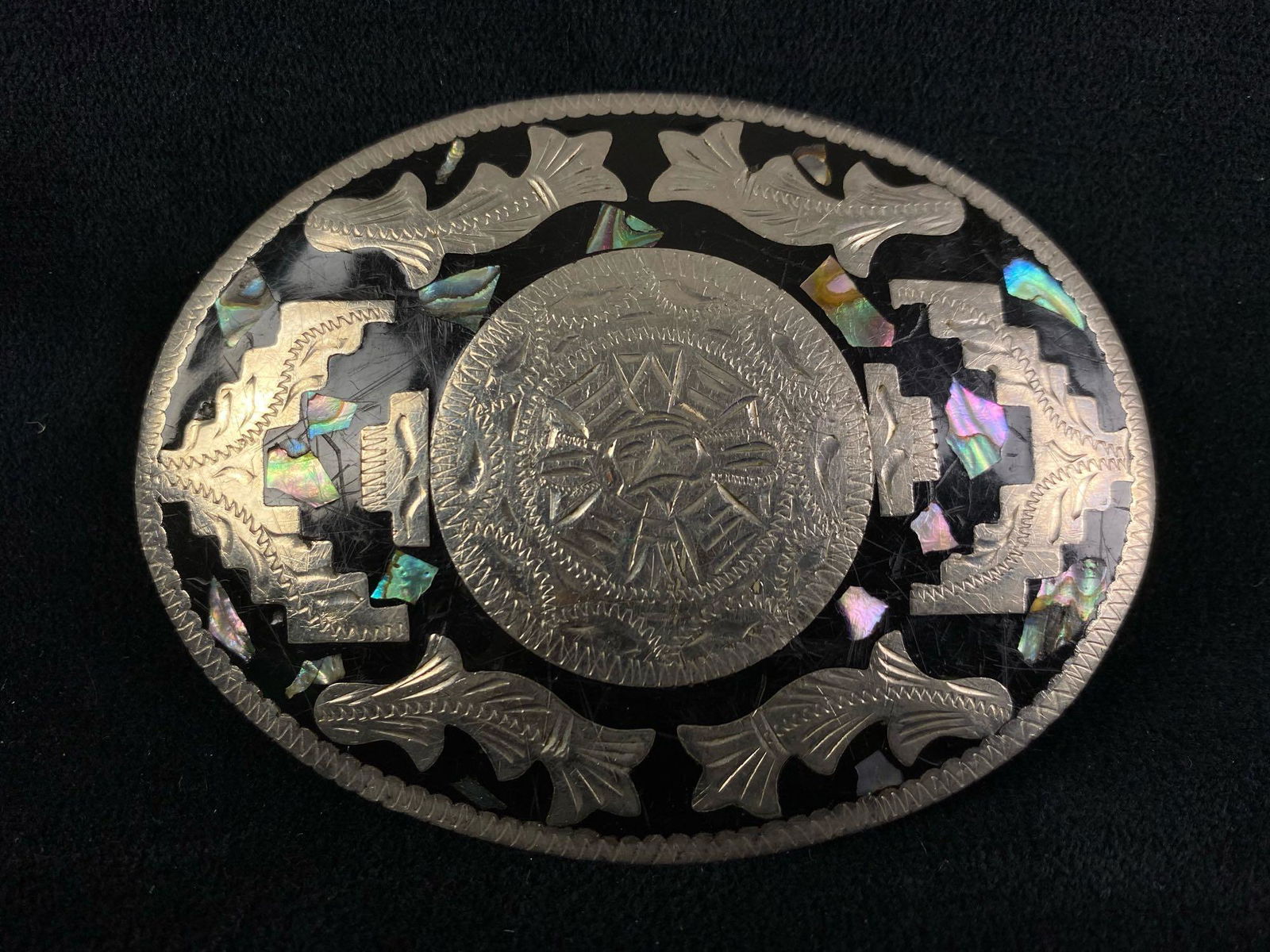 Vintage Mexico Mayan Onyx & Shell Alpaca Belt Buckle (1 of 5)