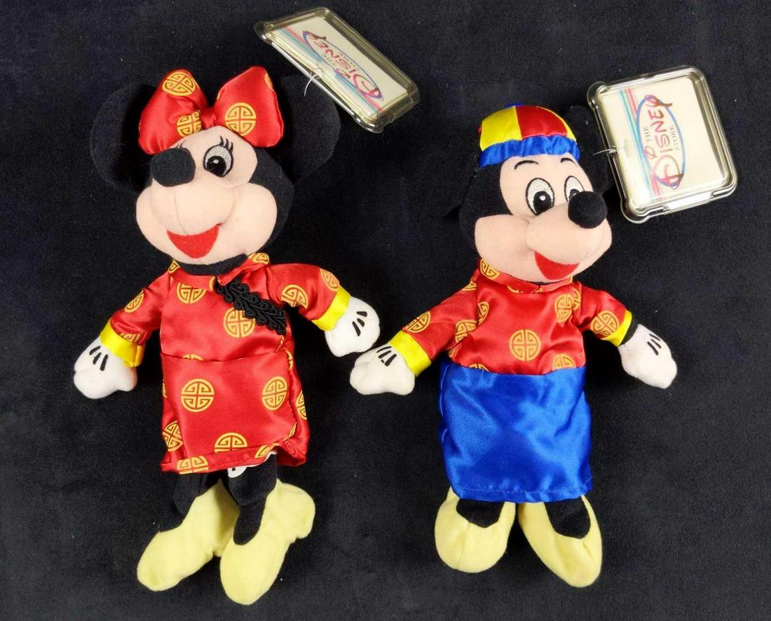 Disney Bean Bag Dolls Mickey And Minnie Chinese NY: Retired and rare Mickey and Minnie Mouse in Chinese Dress bean bag plushes. Originally sold at the Disney Store in Hong Kong for Chinese New Year 1998. Dolls are approx 10" long. Tags have tag protect