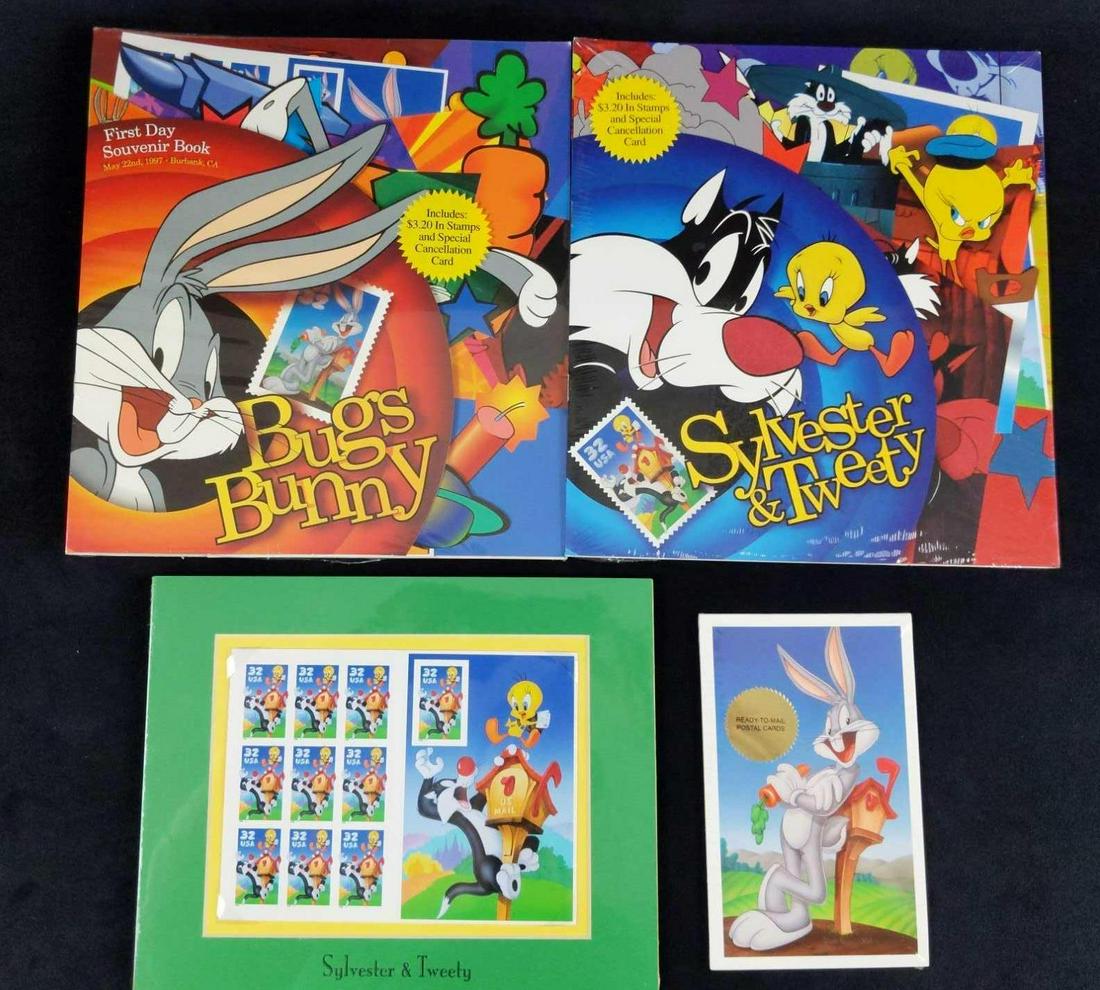 Warner Brothers Looney Tunes Stamps And Postcards: This lot includes: (1) 10 Ready To Mail Postal Cards With Bugs Bunny. Is approx 4" x 7". (1) Sylvester And Tweety First Day Souvenir with ten Stamps at 32 cents each & Special Cancellation Card. USPS 