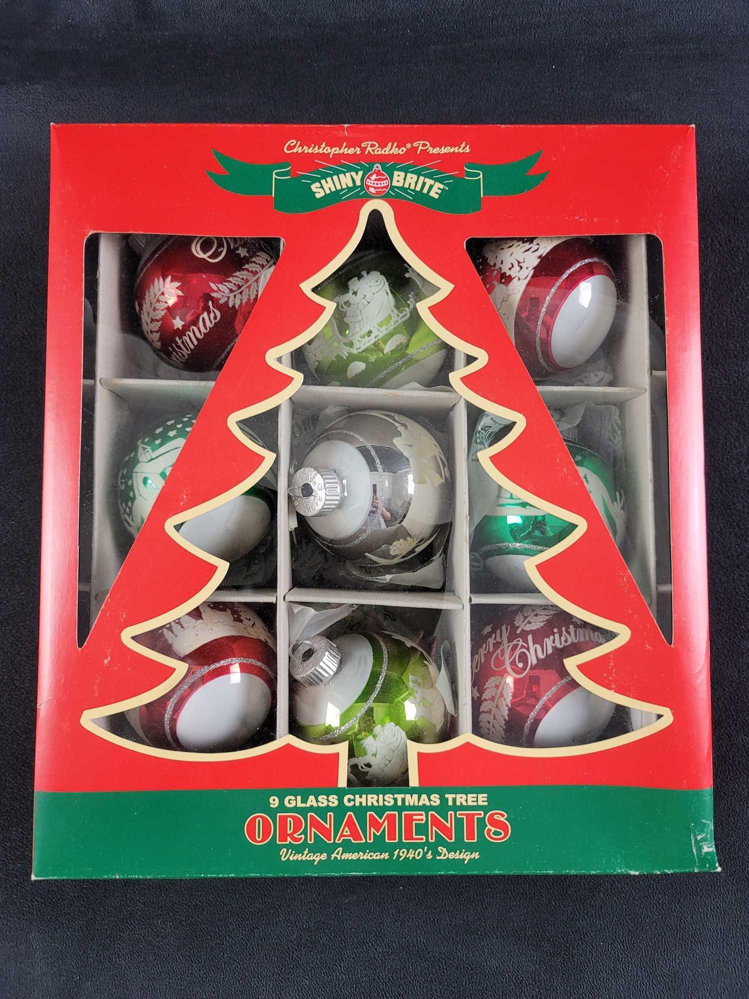 9 Shiny Brite 1940 Glass Ornaments I: Nine Shiny Brite Radko Glass Christmas Ornaments: Vintage 1940s Designs. Was released in 2013. Comes in its original box which is approx 8 1/2" x 3" x 11" and it weighs (with ornaments inside) 0.70lb.