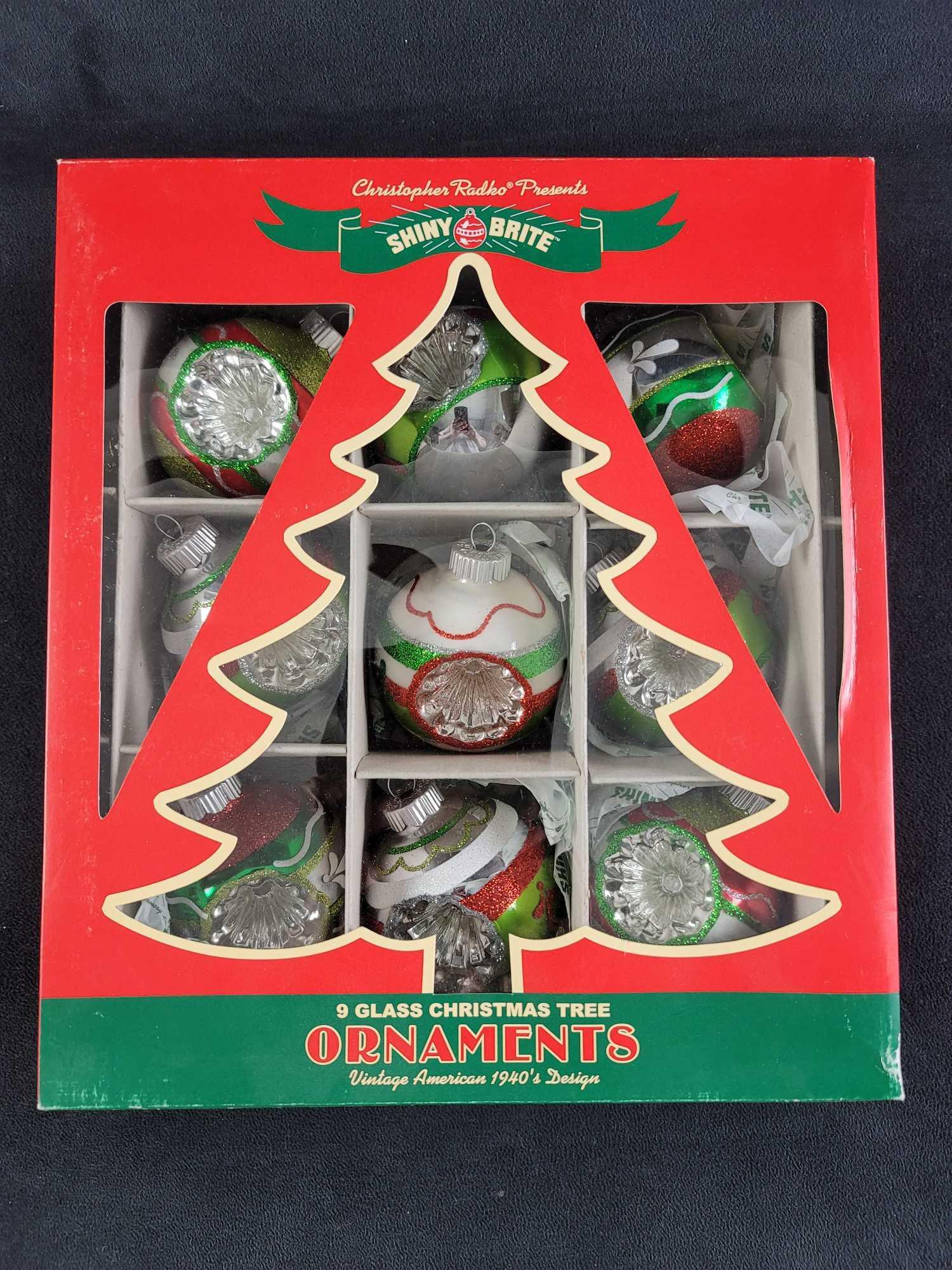 9 Shiny Brite 1940 Glass Ornaments J: Nine Shiny Brite Radko Glass Christmas Ornaments: Vintage 1940s Designs. Was released in 2013. Comes in its original box which is approx 8 1/2" x 3" x 11" and it weighs (with ornaments inside) 0.70lb.
