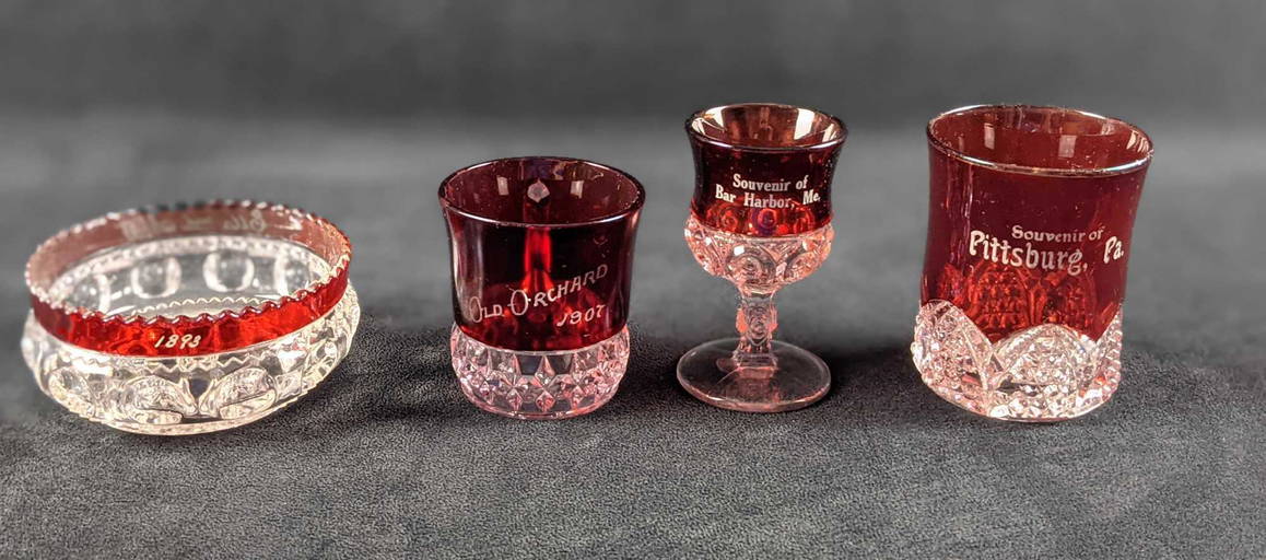 Antique Ruby Stained Clear Souvenir Glass Cup Bowl Sep 13, 2021