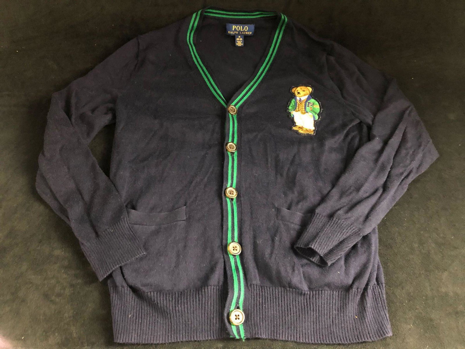Vintage Polo Ralph Lauren Boys Yale Bear Knit Cotton V: Vintage Polo Ralph Lauren Boys Size M (10-12) Yale Bear Knit Cotton V Neck Green trim Cardigan .This lightly used well taken care of item is in very good condition no stains rips or tears. Colors are