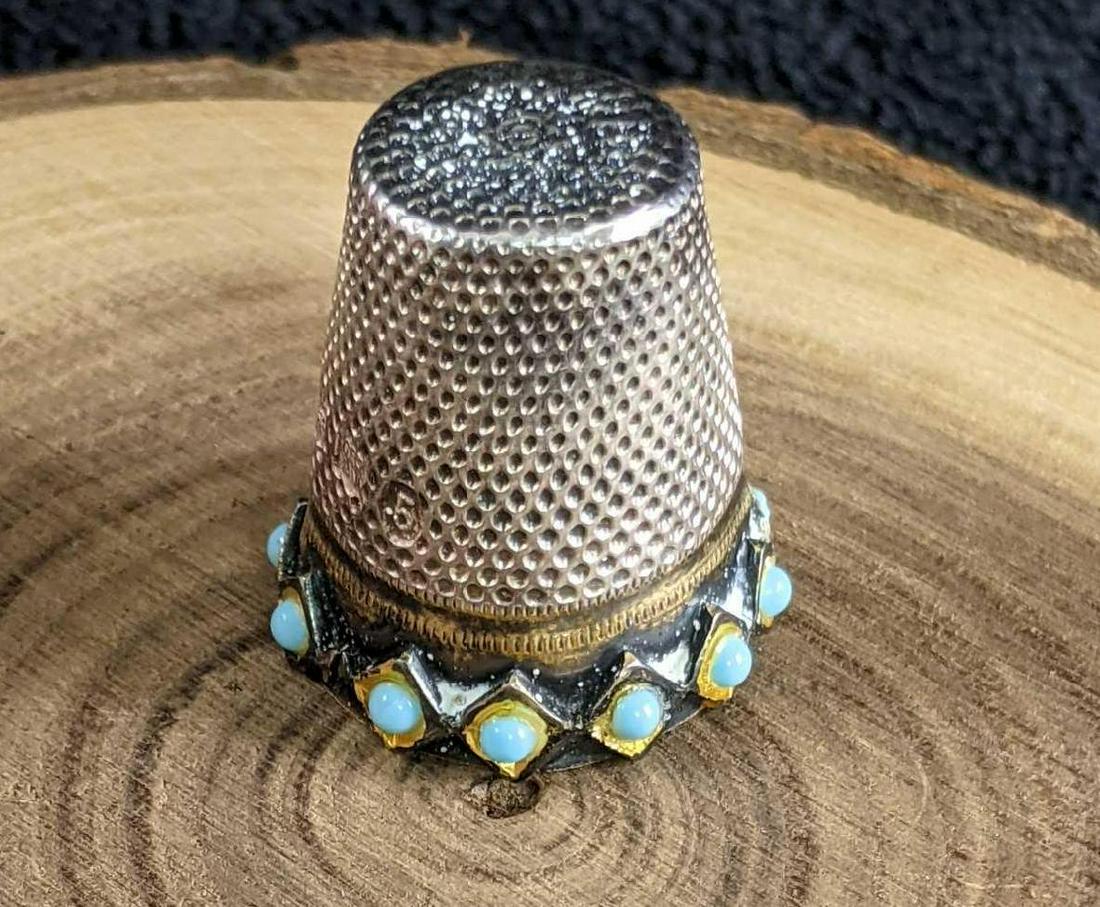 Sterling Silver Thimble with Turquoise Accents (1 of 4)