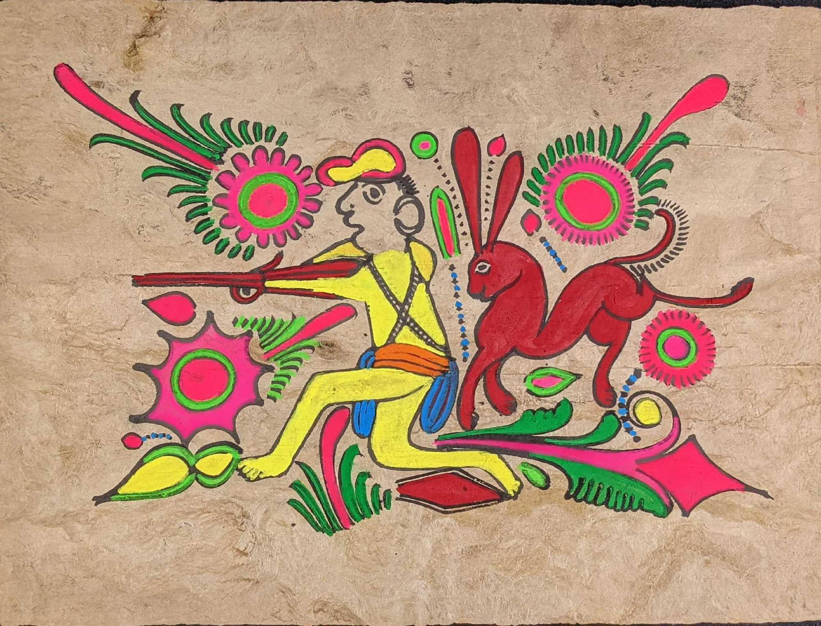 Primitive Style Fluorescent Chalk Hunter And Rabbit (1 of 3)