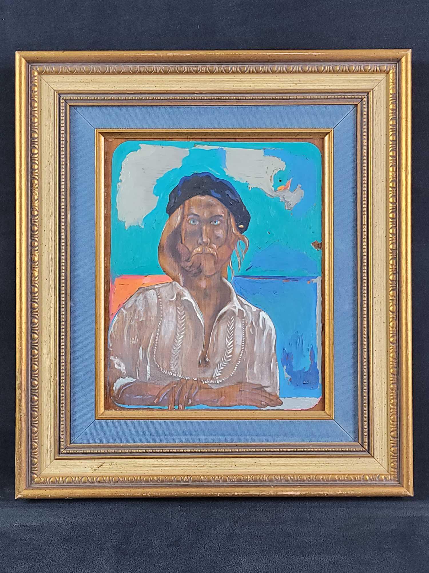 Original Self Portrait by Steve Counselman: Original Oil and pencil on wood by Steve Counselman. Sen the a gold frame with blue velvet matting. Ready to hang, in good vintage condition. No known damages to artwork. Approx. measures 8 1/2" x 10"
