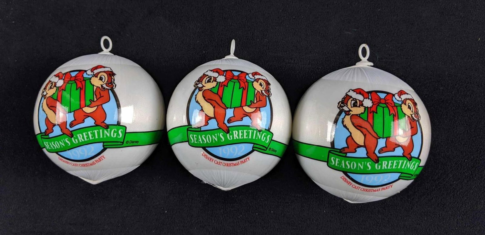 Disney Cast Exclusive Ornaments Chip N Dale Lot Of: This lot includes three cast member exclusive 1992 Chip 'N' Dale satin Styrofoam ball ornaments. These are Disney cast member exclusive ornaments that were only given out at a special cast member Chri