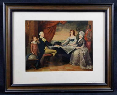 The Washington Family By Edward Savage Art Print: Vintage framed "The Washington Family" Art Print Reproduction by Edward Savage from the National Gallery of Art. This print depicts a group portrait of the 1st President of the United States George Wa