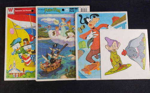 Vintage Disney Golden Whitman Frame Tray Puzzles: This lot includes: (1) Goofy On Roller-Skates Puzzle. By Whitman. Is approx 8" x 10" (1) Peter Pan Frame Tray Puzzle. Is approx 8 1/8" x 11".By Golden. (1) American On Parade (Magic Kingdom) Frame