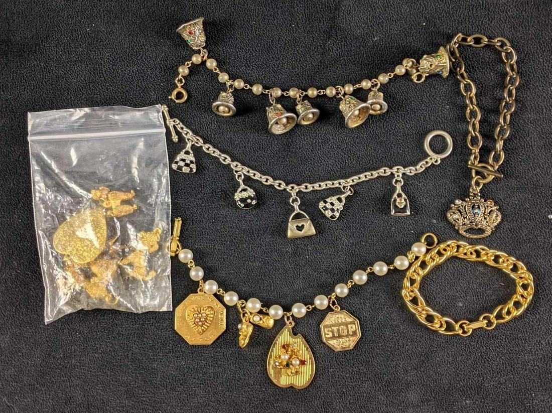 Assorted Vintage Charm Bracelets With Extra Charms: Assorted Vintage Charm Bracelets With Extra Charms This lot comes with 5 small charm bracelets with some charms still on them and a bag of golden-colored charms. This is great for practicing your brac