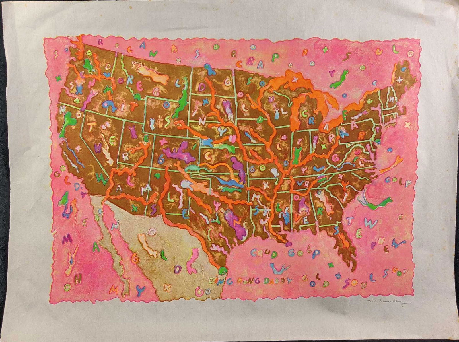 Bill Walmsley Fluorescent Ink Lithograph USA Map (1 of 6)