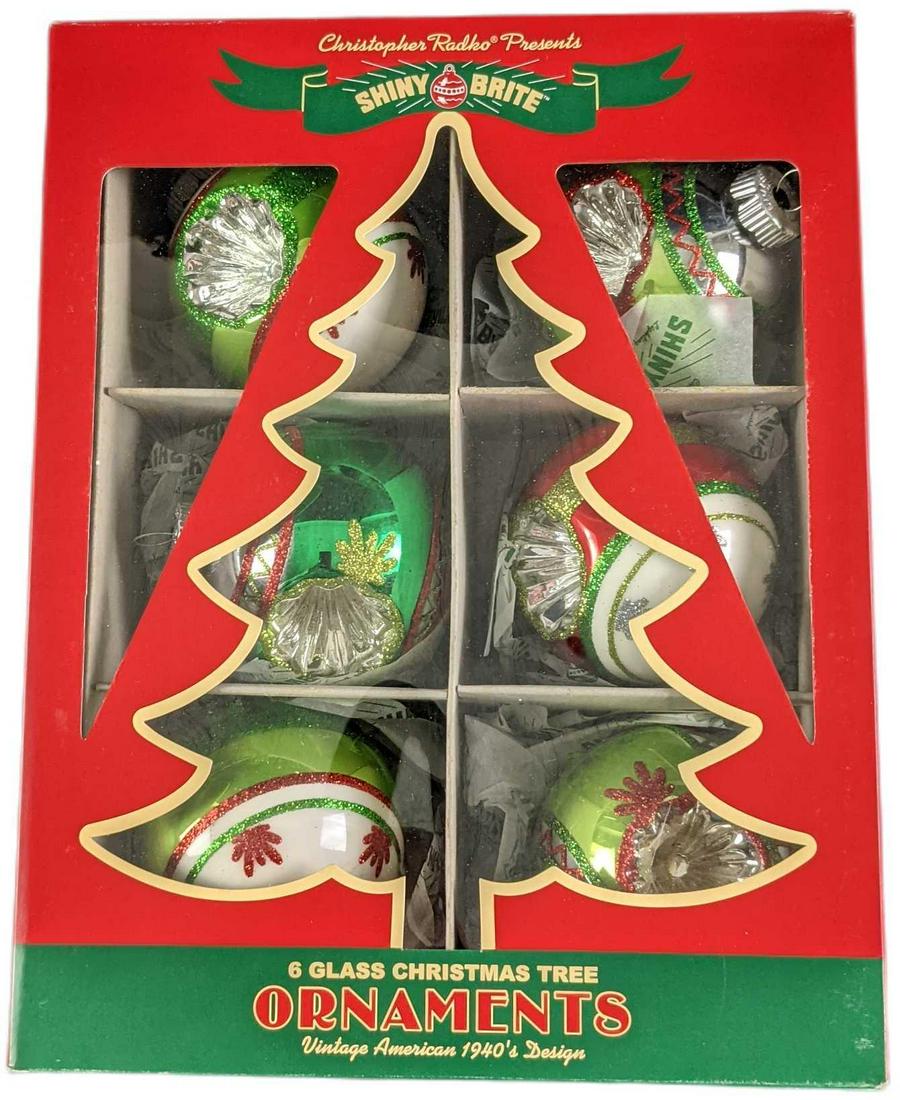 Six Shiny Brite Radko Glass Christmas Ornaments: Six Shiny Brite Radko Glass Christmas Ornaments: Vintage 1940s Designs. Was released in 2013. Comes in its original box which is approx 8 1/2" x 3" x 11" and it weighs (with ornaments inside) 0.73lb.