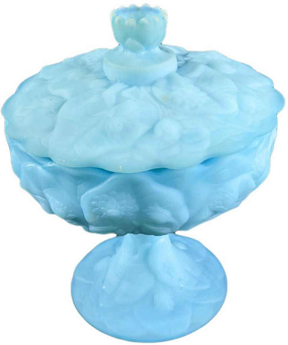 Fenton Blue Satin Water Lily Covered Candy Dish (1 of 6)
