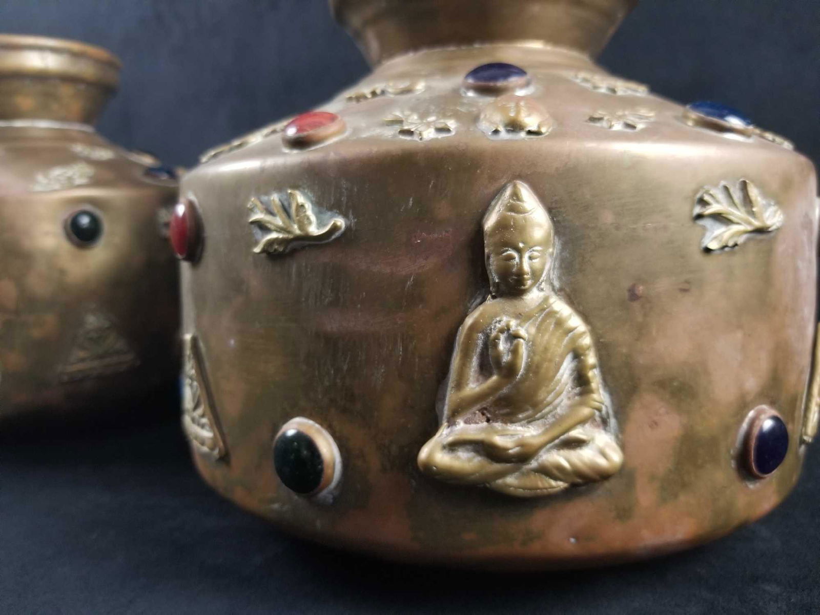 Set of 2 Brass Vases with Meditating Buddhas and (1 of 9)