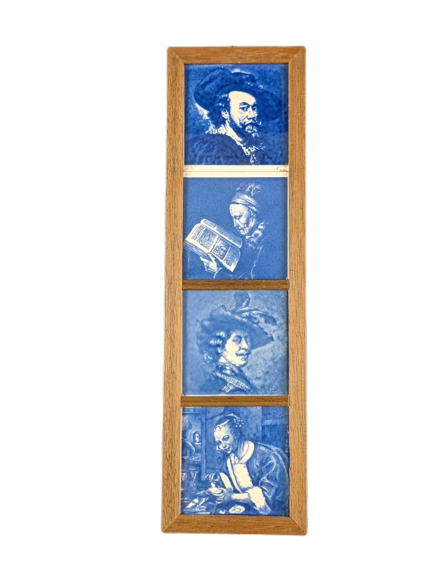 Delft Blue Old Dutch Masters Four Framed Tiles: Tiles represent copies of four famous portraits created by Old Dutch Masters: (1) Jan Steen. Girl Eating Oysters (c. 1658). (1) Rembrandt. Bust of a Man in a Feathered Beret (c. 1639). (1) Gerrit (Ger