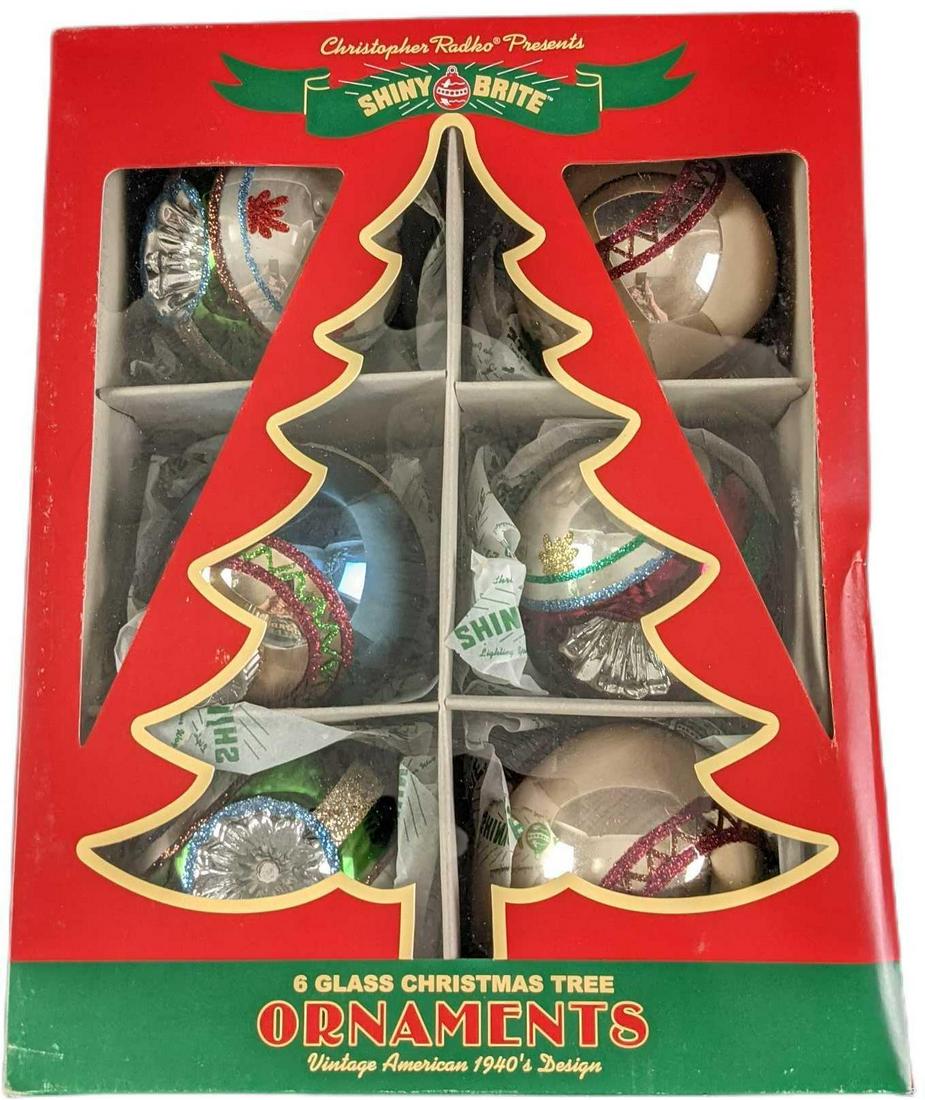 Six Shiny Brite Radko Glass Christmas Ornaments: Six Shiny Brite Radko Glass Christmas Ornaments: Vintage 1940s Designs. Was released in 2013. Comes in its original box which is approx 8 1/2" x 3" x 11" and it weighs (with ornaments inside) 0.73lb.