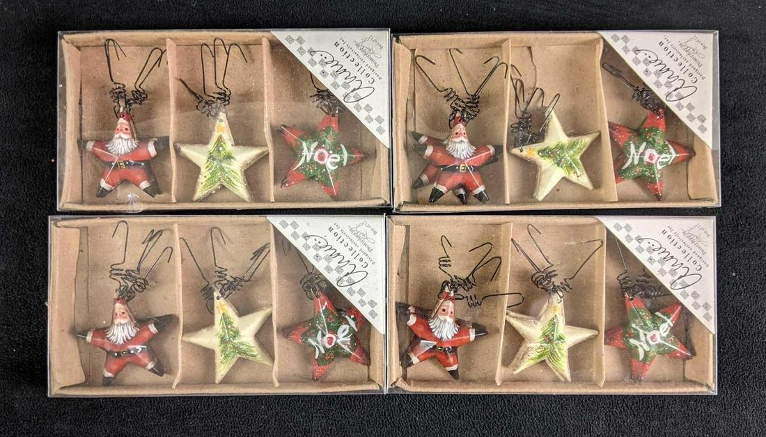 Christmas Star Shaped Christmas Ornaments: Christmas Star Shaped Christmas Ornaments These are four boxes of star-shaped Christmas ornaments with designs painted on the stars. The four boxes have the same designs. These ornaments are from Prim