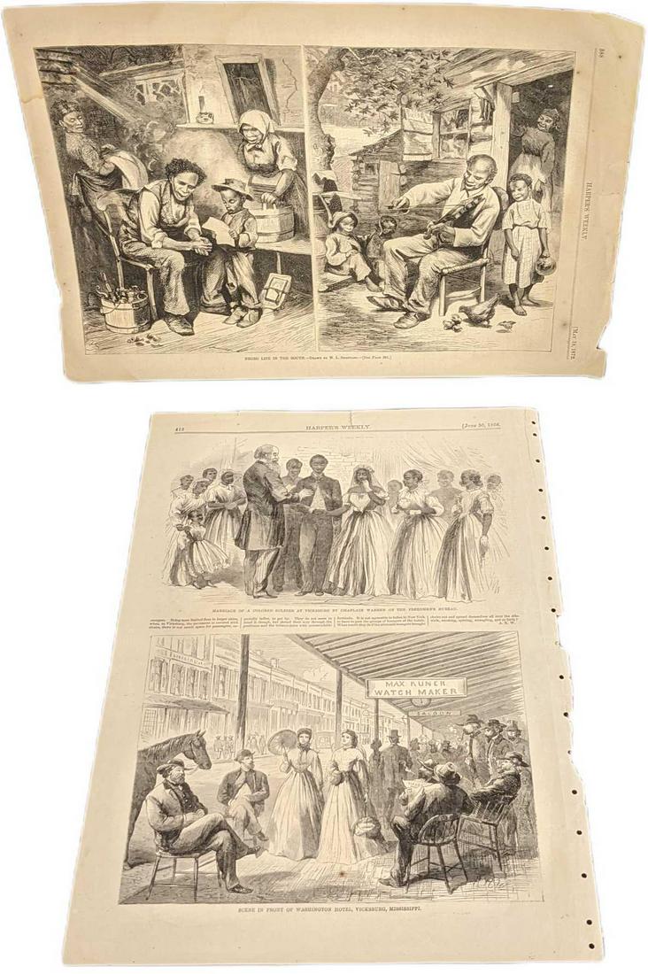 2 Antique Harper's Weekly Pages Black Americana 1800s: This lot includes: (1) June 30, 1866. Marriage Of A Colored Soldier At Vicksburg & Scene In Front Of Washington Hotel. This page is approx 11 1/2" x 16". (1) May 18, 1872, "Negro Life In The South". T