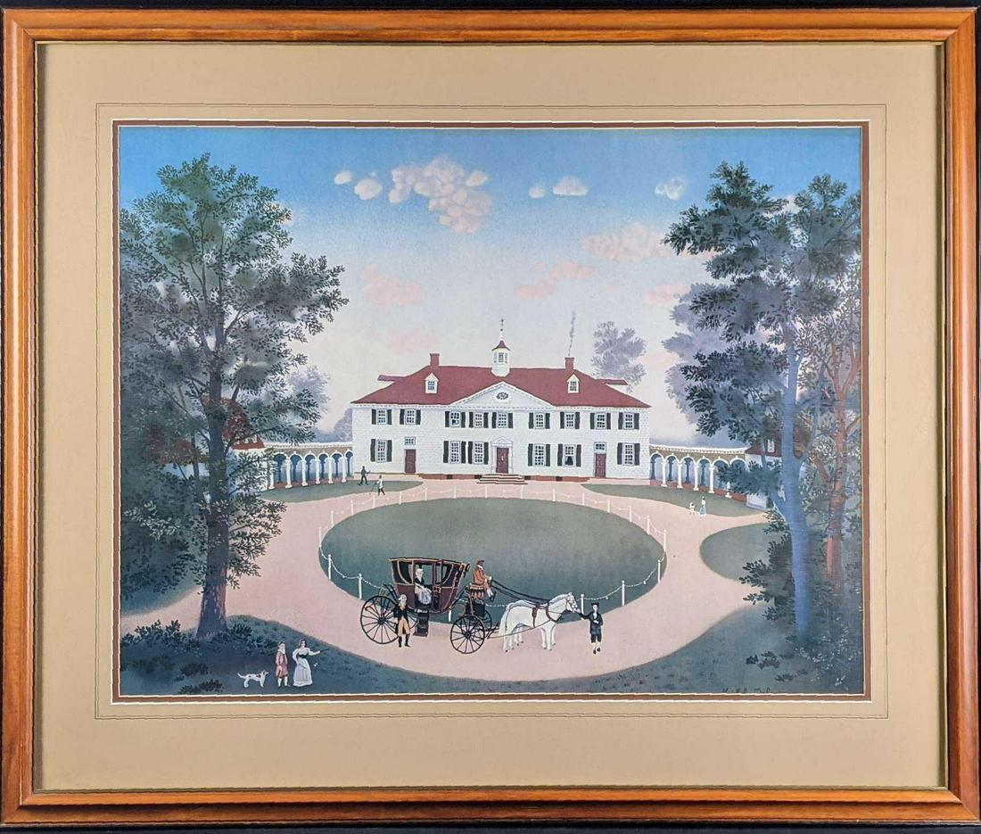 George Washington's Mount Vernon On Silk Framed: George Washington's Mount Vernon On Silk Framed This is Michel Delacroix's version of George Washington's Mount Vernon. This is a great piece of reproduction on silk and professionally framed. This is
