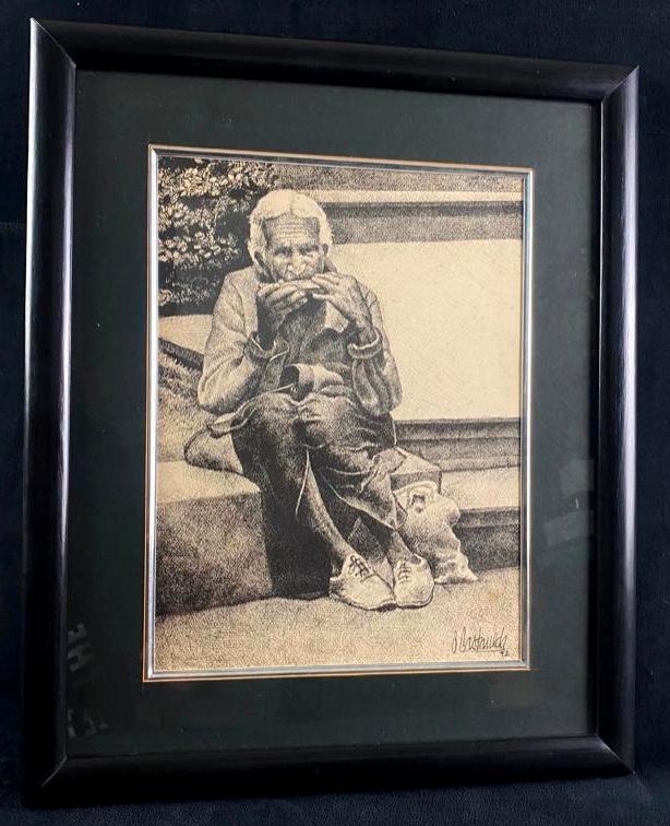 Old Man Playing Harmonica Print - Castaneda: Old Man Playing Harmonica Print - Castaneda Print of a sketch of a man sitting with a bag playing the harmonica. The print includes the artists signature, signed "Castaneda". Comes professionally fram