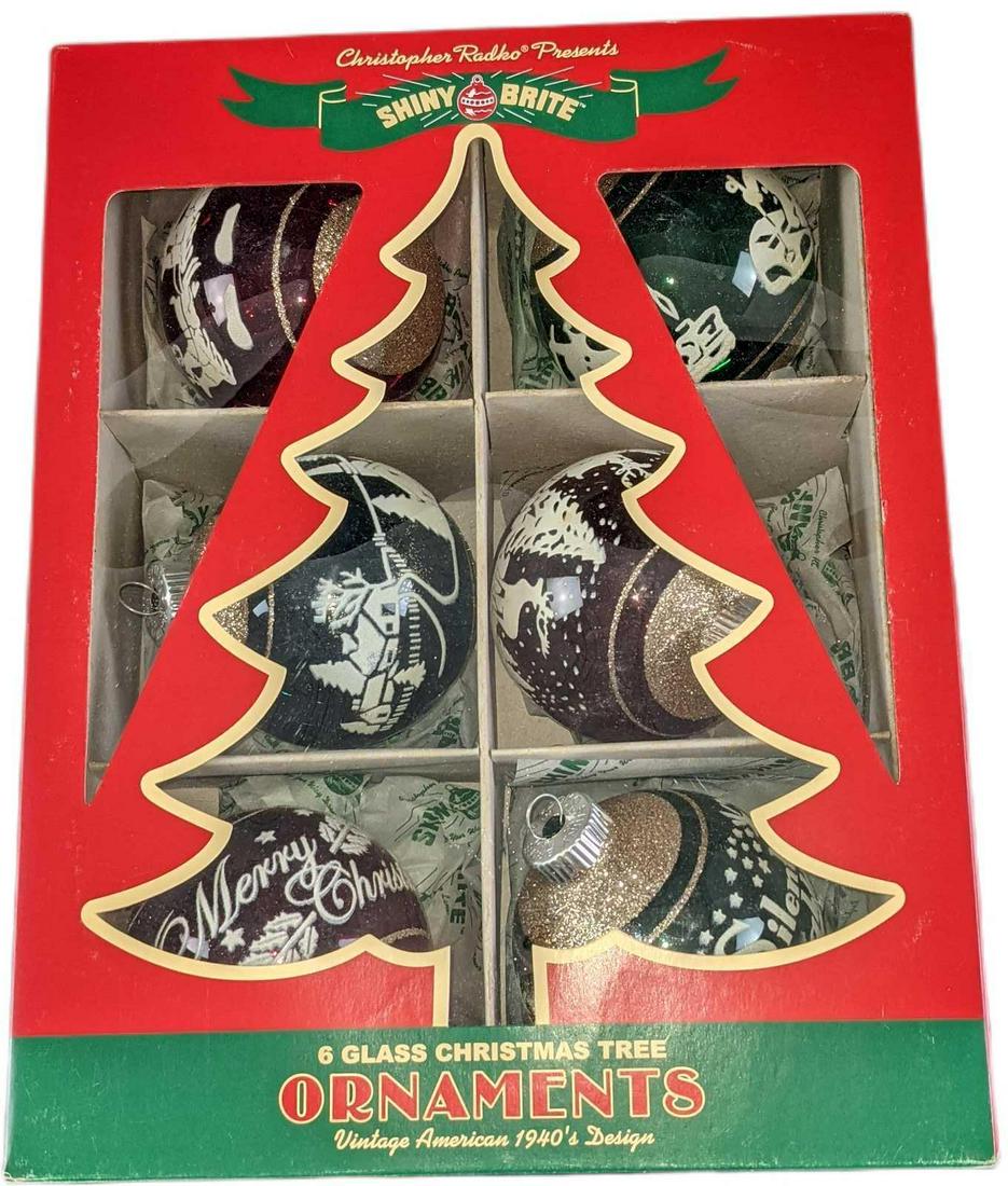 Six Shiny Brite Radko Glass Christmas Ornaments: Six Shiny Brite Radko Glass Christmas Ornaments: Vintage 1940s Designs. Was released in 2013. Comes in its original box which is approx 8 1/2" x 3" x 11" and it weighs (with ornaments inside) 0.73lb.