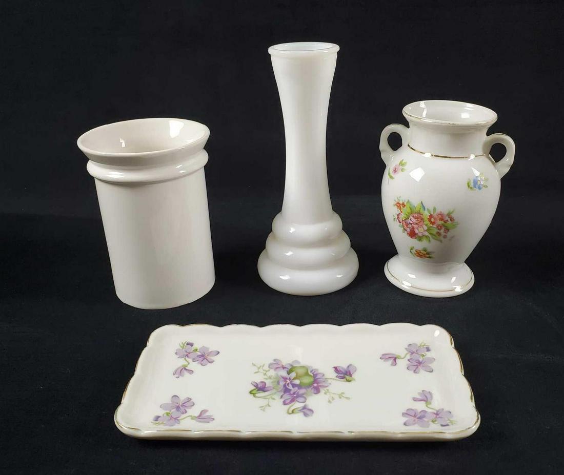 Vintage Porcelain And Glass Lot Of Four: This lot includes: (1) Mini Porcelain vase with pressed colors and flowers and gold colored highlights. Is approx 4" x 3" x 5". Is in good, vintage condition with a minor scratch on the side and sligh