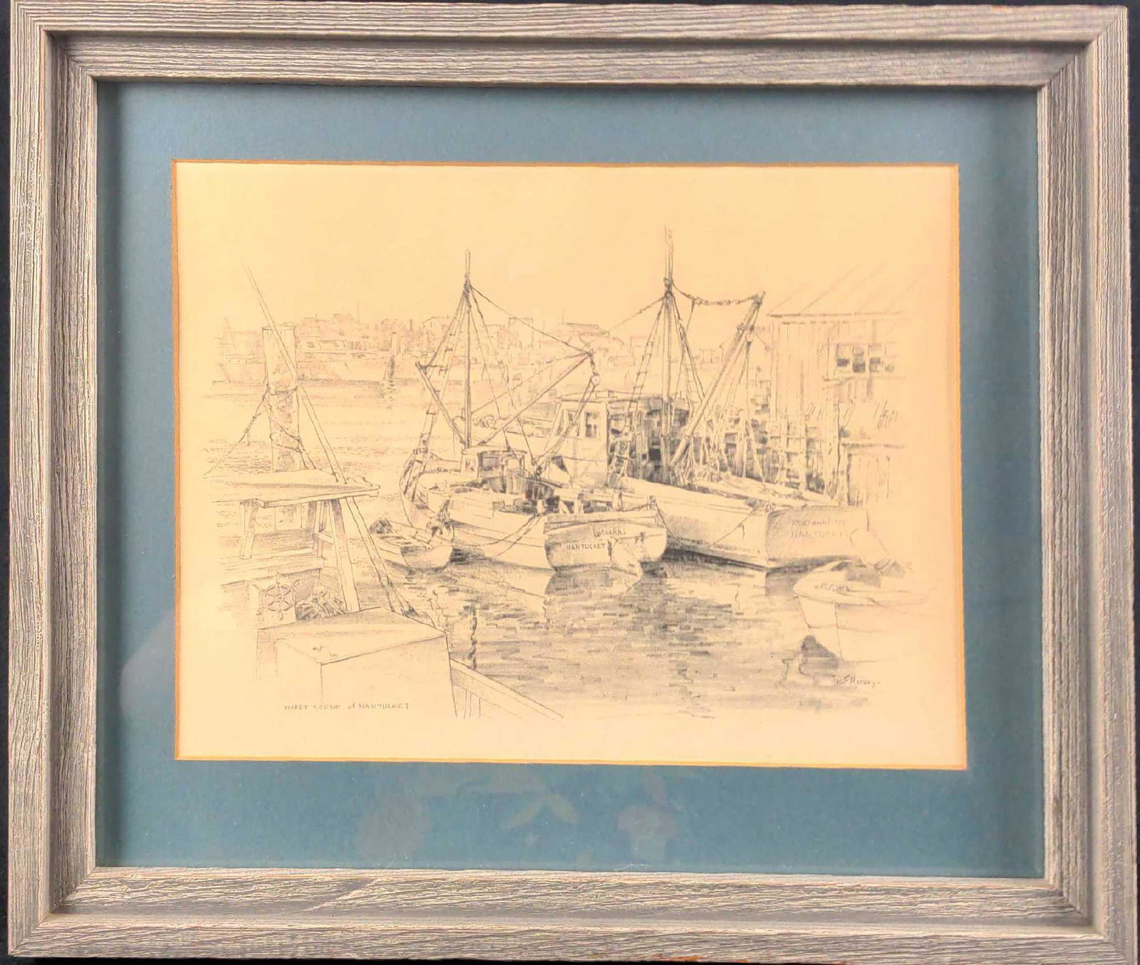 Framed James F Murray Wharf Scene At Nantucket X1: Framed "Wharf Scene At Nantucket" by James F Murray who had signed the original as "Jas F Murray". This is a copied, "estate" signature". Framed print is approx 17" x 1 1/2" x 14 1/2". The print is ap