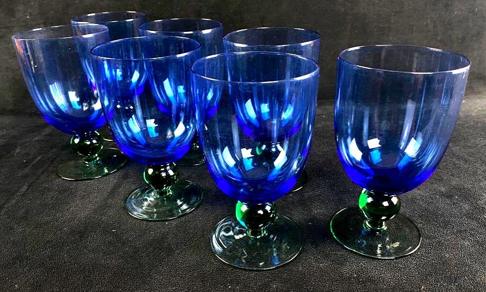 Hand-Blown Blue Glass Goblets - Set of 7 (1 of 2)