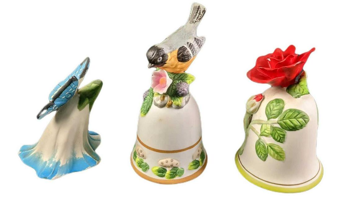 Three Vingage Porcelain Bird Flower Butterfly Bells (1 of 9)