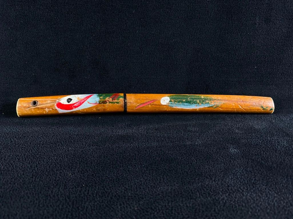 Vintage Japanese Mini Katana: Vintage Japanese Mini Katana Mini katana made of wood and stainless steel with an abstract design painted on the scabbard and handle. The blade is stamped "made in Japan". May be a letter opener or po