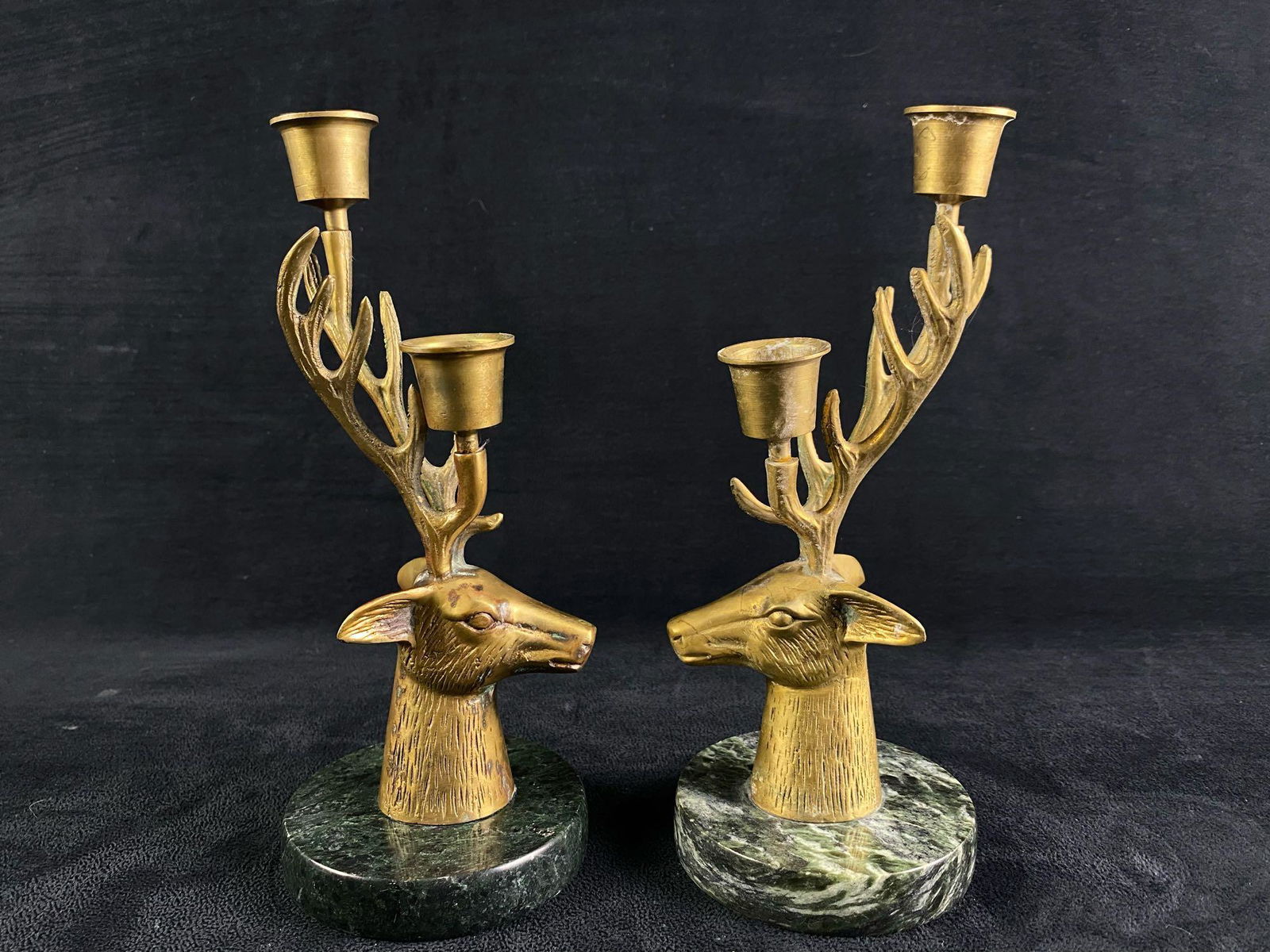 Vintage Brass Stag Deer Candlestick Holders W/ Green (1 of 7)