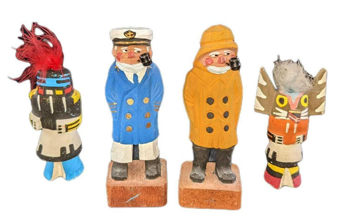 Small Wooden Totems Sea Captain & Fisherman Figurines: This lot of hand-carved wooden figurines consists of: (1) Owl Totem. This is approx 2" x 1" x 3 1/2". (1) Rain Totem. This is approx 2" x 1" x 4". (1) Fisherman With Pipe. This is approx 2" x 1" x 4 1