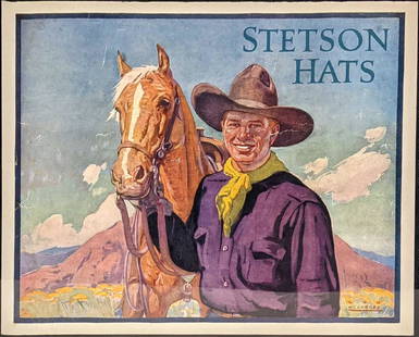 Vintage Original Stetson Lon Megargee Poster: Vintage Original Stetson Advertising Poster. This was based on art by artist, Lon Megargee. This vintage poster is approx 13" x 11" and it weighs under one pound at 0.03lb. The poster is in a good, vi