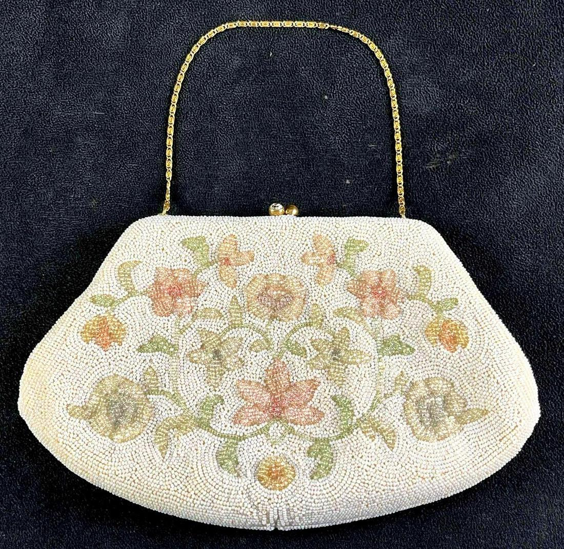 Vintage Micro Beaded Purse Flower Pattern Hand Bag (1 of 9)