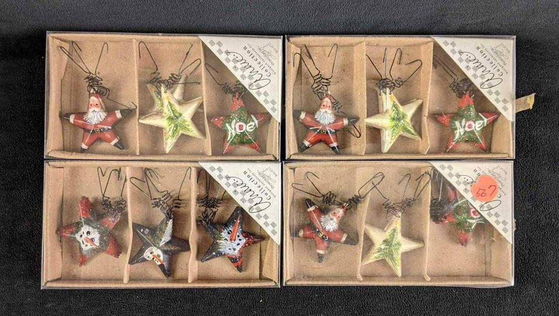 Christmas Star Shaped Christmas Ornaments 4 boxes: Christmas Star Shaped Christmas Ornaments These are four boxes of star-shaped Christmas ornaments with designs painted on the stars. The four boxes have the same designs besides one with snowmen. Thes