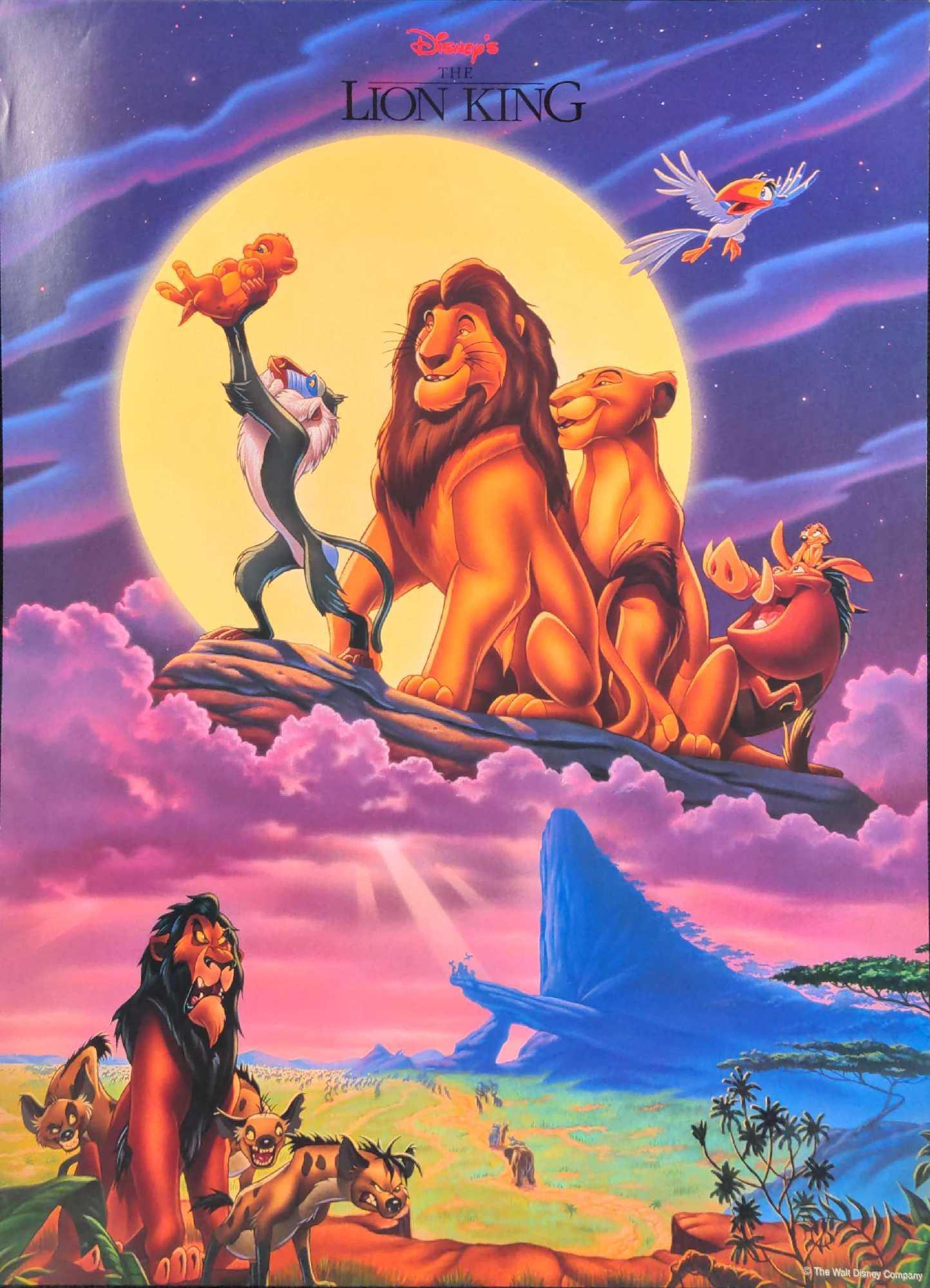Disneys Lion King Animated Movie Poster: Poster from the original, animated Lion King movie. Is approx 18" x 24". Has light creases due to storage and age.
