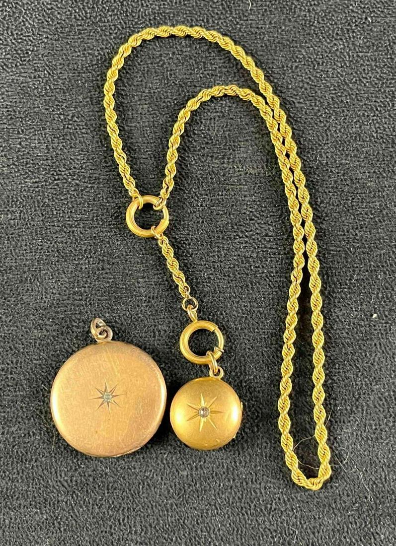 Locket and Chain Two Lockets: Locket and Chain Two Lockets This lot has a chain and two matching circle lockets. One smaller locket is on the chain while the larger locket is not. They are gold-colored with a starburst design. loc
