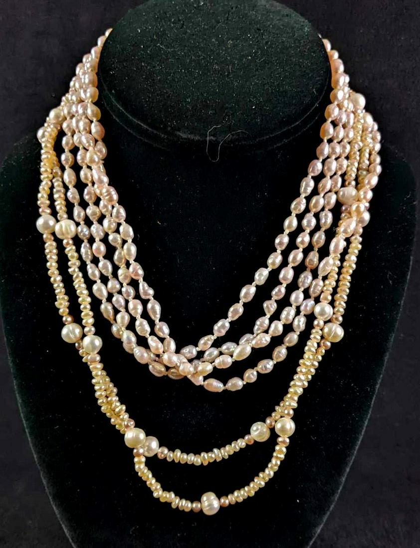 Vintage Natural River Pearl Multi-Strand Necklaces: Vintage Natural River Pearl Multi-Strand Necklaces This beautiful vintage river pearl set is in great condition with no issues. Please view all our pictures, they are part of our description DETAILS :