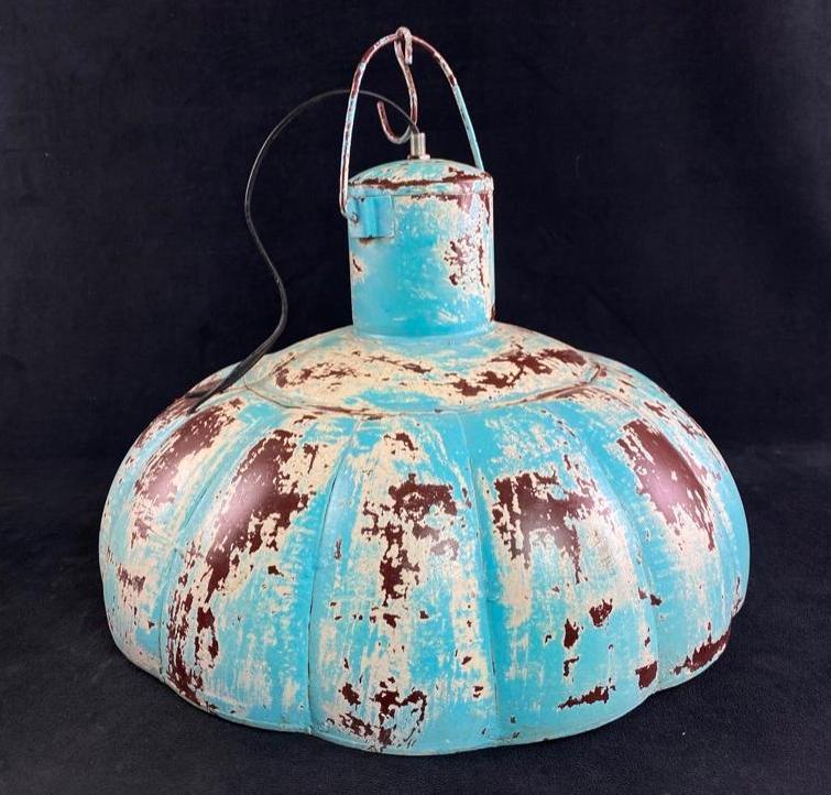 Vintage Style Scalloped Metal Hanging Lamp: Vintage Style Scalloped Metal Hanging Lamp Metal domed hanging lamp with scalloped sides and faux patina. This is a great piece with lots of rustic charm, that hard wires into 120 volt home electrical
