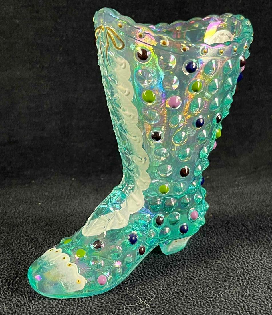Fenton Glass Hand Painted Blue Iridescent Boot: Fenton Glass Hand Painted Light Blue Iridescent Hobnail Boot Shown is a fun Fenton Glass Hobnail boot that is hand-painted with different colors on top of a Light Blue Iridescent base. This item is in