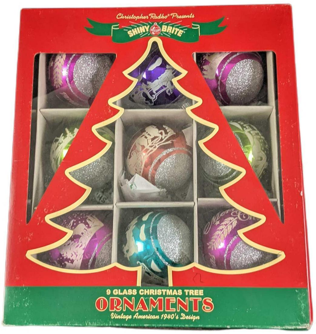 Nine Shiny Brite Radko Glass Christmas Ornaments: Nine Shiny Brite Radko Glass Christmas Ornaments: Vintage 1940s Designs. Was released in 2013. Comes in its original box which is approx 8 1/2" x 3" x 11" and it weighs (with ornaments inside) 0.70lb.