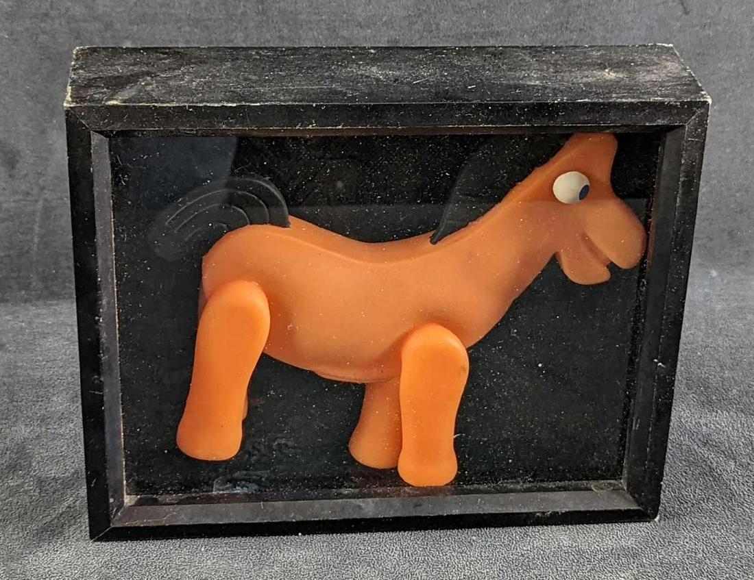 Vintage Framed Gumby Pokey The Horse Toy: Here is an vintage Pokey The Horse Toy (Sidekick to Gumby!) It appears to be made of rubber/plastic and there are no company markings that can be seen. The Shadow-Boxed Pokey is approx 10 1/2" x 2 1/2