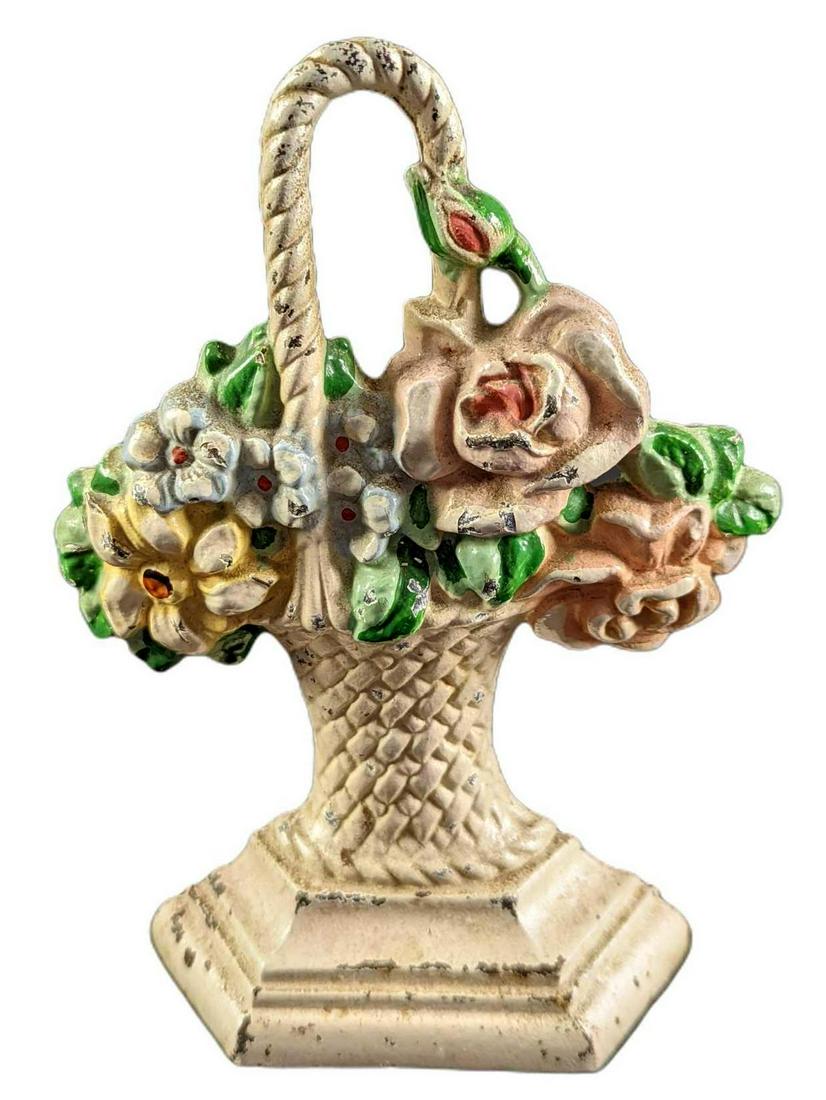 Antique Cast Iron Original Basket Of Flowers Door Stop (1 of 6)