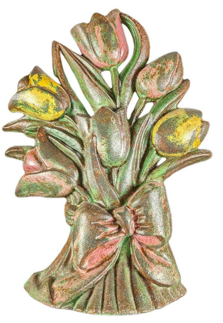 Antique Cast Iron Bouquet Of Tulips Door Stop: Antique Hand Painted Cast Iron Bouquet Of Tulips Door Stop. Is approx 6" x 3" x 10" and it weighs 3.82lbs. The door stop is in a good, vintage condition with paint loss. Please see the images as they 