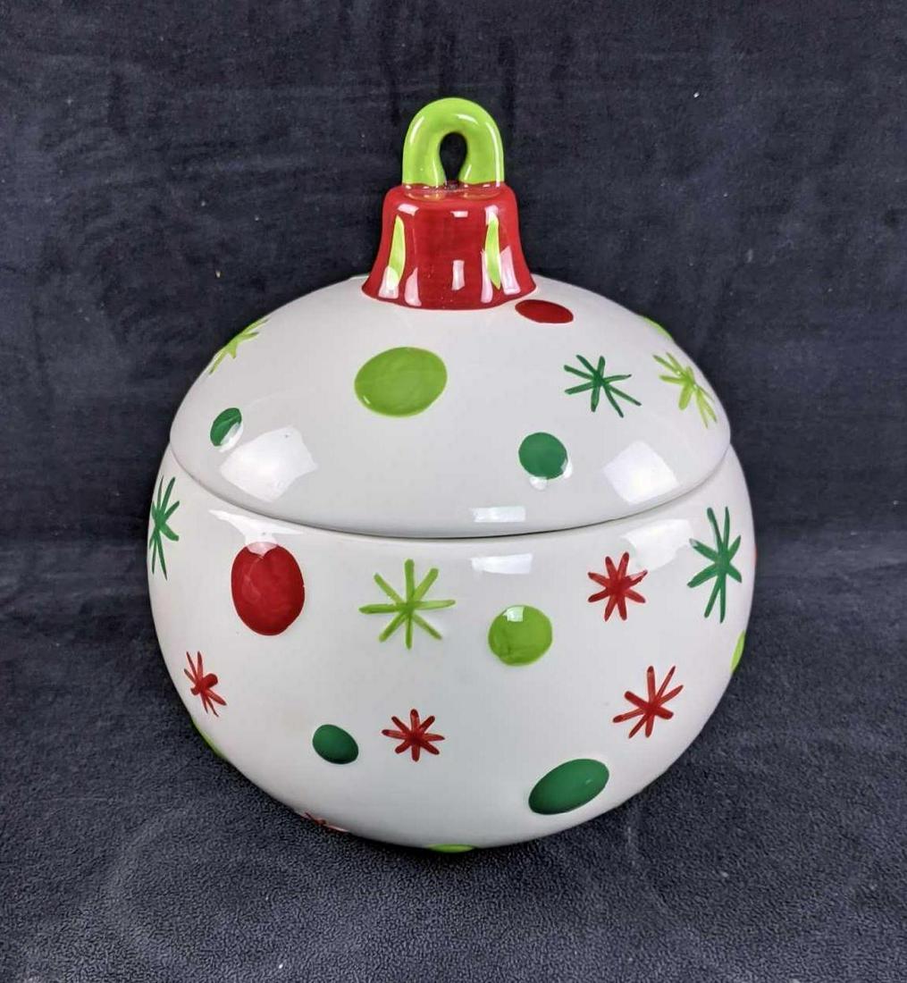 Christmas Ornament Cookie Jar Holiday Cookie Jar: Christmas Ornament Cookie Jar Holiday Cookie Jar This is a beautiful green, red and white ornament cookie jar. This cookie jar is in good condition with slight wear. This cookie jar is from the brand