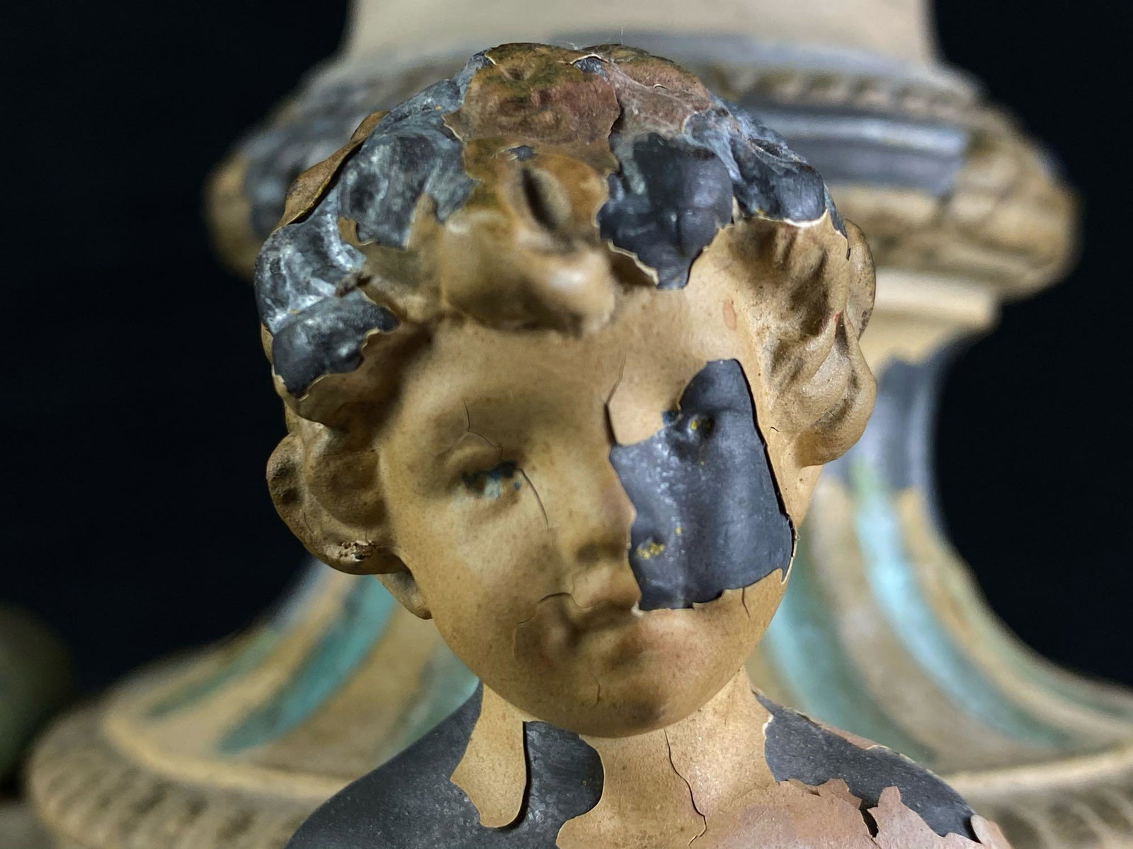 Antique French Spelter Metal Urn Vase Cherub Lamp A: Antique French Spelter Metal Urn Vase Cherub Lamp Please view all our pictures they are part of our description DETAILS: Circa - 1800's Material - Painted Metal & Plaster Base Measurements - 22" Tall 