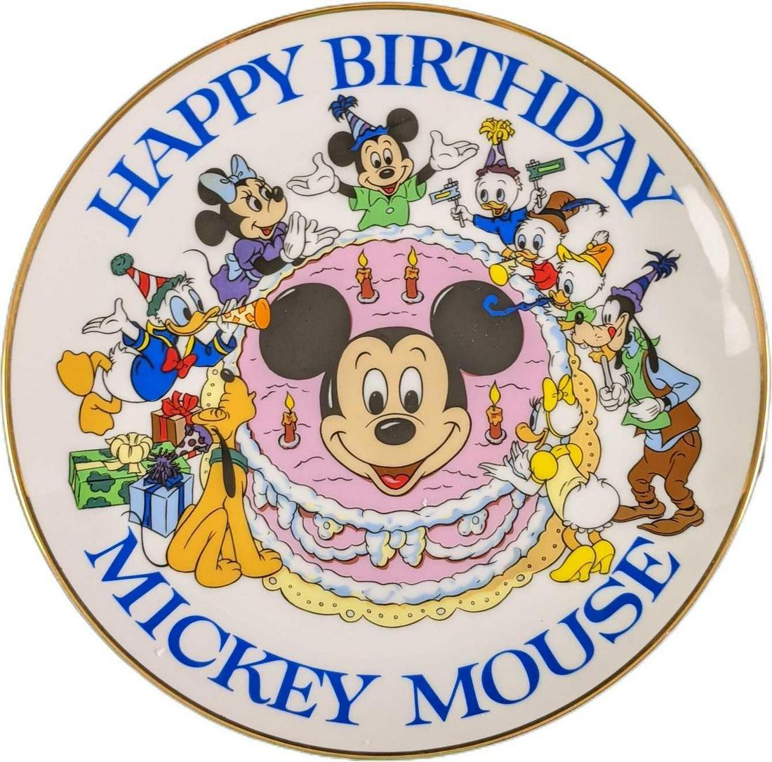 Mickey Mouse 50th Birthday Collector's Plate: Features the whole gang: Mickey Mouse, Minnie Mouse, Donald Duck, Daisy Duck, Goofy, Pluto, Huey, Dewey, and Louie all sitting around a pink and white iced birthday cake celebrating. The plate is in g