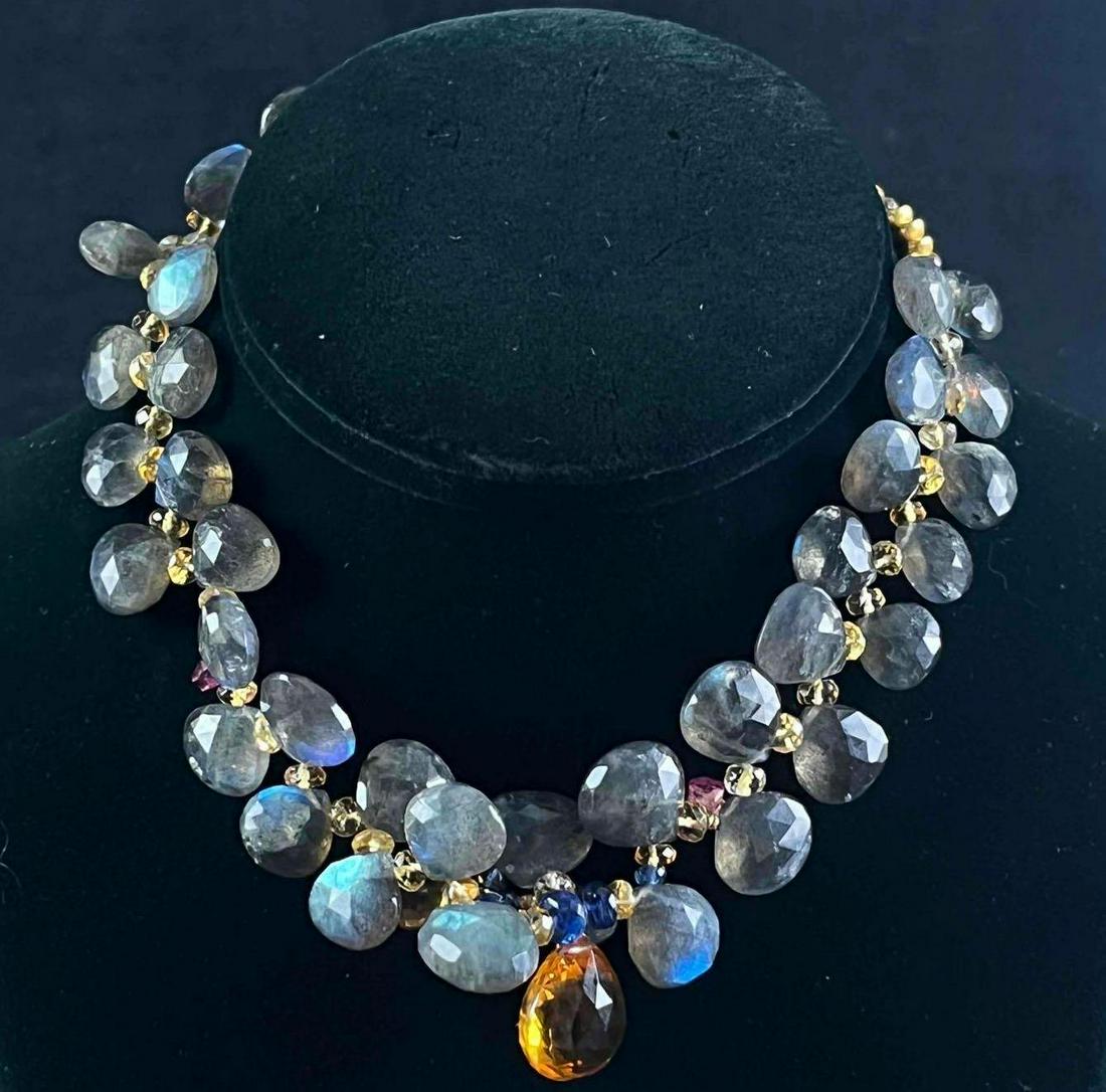 18K Gold, Labradorite, and Citrine Necklace: 18K Gold, Labradorite, and Citrine Necklace Pictured is a handmade necklace made by jewelry designer Christina Dickson. Dickson used only the finest quality materials such as real gemstones. This neck