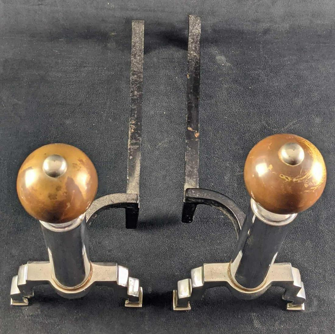 Pair Of Ball Tip Bronze Patina FIreplace Andirons: Pair Of Ball Tip Bronze Patina Fireplace Andirons. Each is approx 6" x 16" x 15" and together they weigh 8lbs. The andirons are in a good, vintage condition with some wear and scratches. Please see th