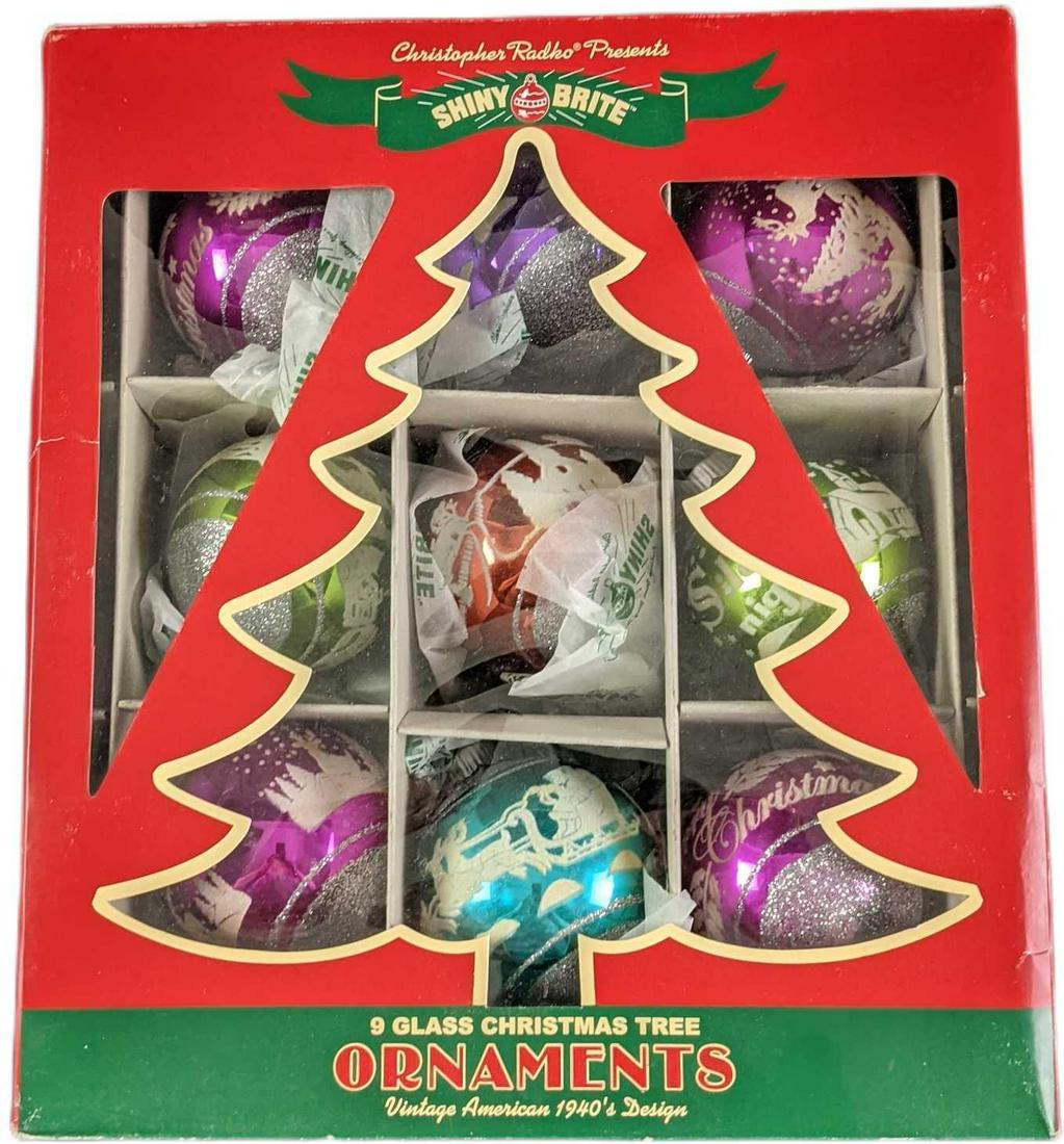 Nine Shiny Brite Radko Glass Christmas Ornaments: Nine Shiny Brite Radko Glass Christmas Ornaments: Vintage 1940s Designs. Was released in 2013. Comes in its original box which is approx 8 1/2" x 3" x 11" and it weighs (with ornaments inside) 0.70lb.